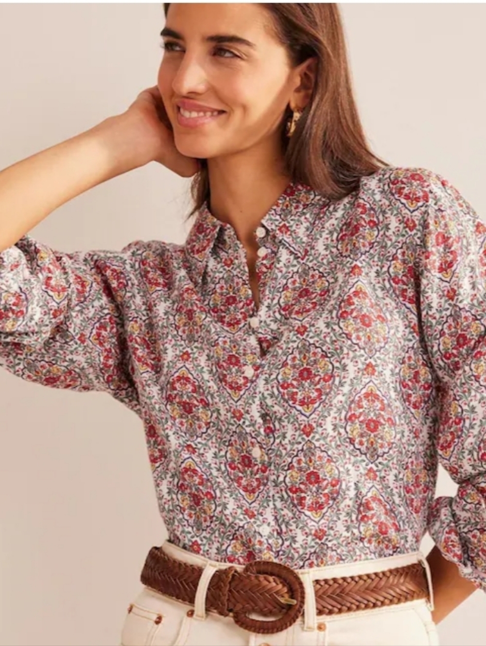 BODEN Size US 8R 100% Linen Floral Print Blouse